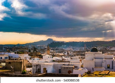 Skyline Of Tunis. Traditional Architecture In Cityscape At Dawn With Dramatic Sunlight. Tunisia, North Africa.