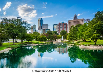 The skyline of Uptown Charlotte, and lake at Marshall Park, in Uptown Charlotte, North Carolina.