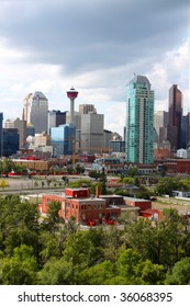Skyline view of highrise office and apartment buildings in Calgary, Alberta, Canada with greenery in the foreground