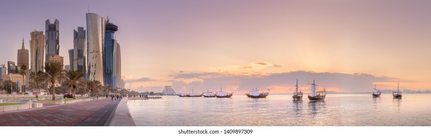 The skyline of West Bay and Doha City Center during sunrise, Qatar
