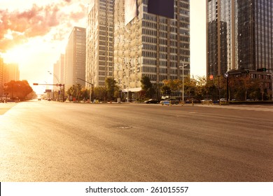 skyline,urban road and office buildings at sunset