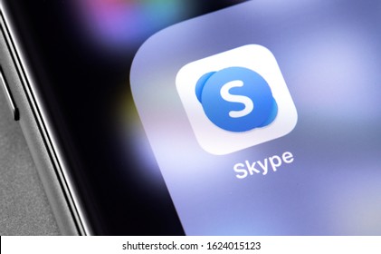 Skype icon app on the display smartphone closeup. Skype - software providing text, voice and video communications. Moscow, Russia - April 11, 2019