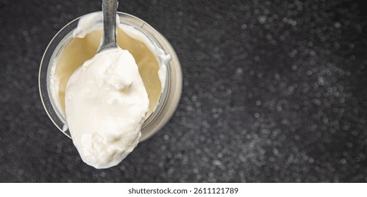 Skyr white yogurt appetizer dish fresh delicious gourmet food background on table rustic food top view copy space keto and paleo diet vegetarian food