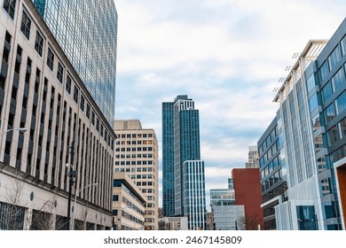 Skyscraper building architecture. Skyscraper with facade. Modern building. Skyscraper in metropolis city. City downtown with skyscraper. Office building in business district
