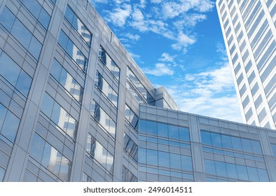 Skyscraper glass building of corporate headquarters in the downtown business area. Towering facade and windows embodying sleek, modern office environment. Financial institution. Modern architecture. - Powered by Shutterstock