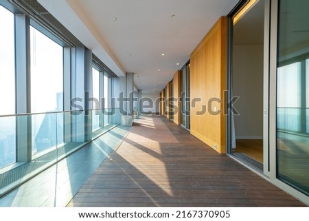 Skyscraper hall with city view