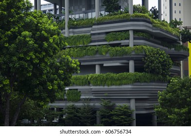 Skyscraper Wall With Green Plants Terraces