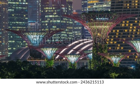 Skyscrapers behind Gardens by the bay with supertrees night timelapse. Top view from marina barrage