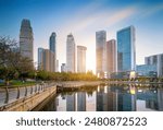 Skyscrapers by the lake, Wuhan, China.