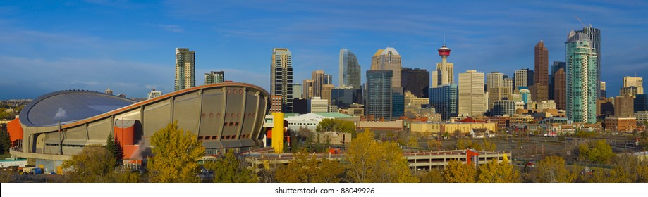 Skyscrapers Of Calgar,y Alberta, Canada, With Olympic Saddle Dome In Foreground