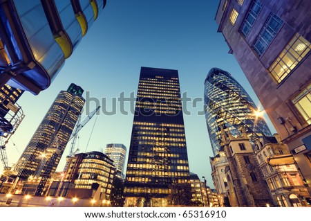 Skyscrapers in City of London,( Lloyds of London, Tower 42, Aviva and the Gherkin)