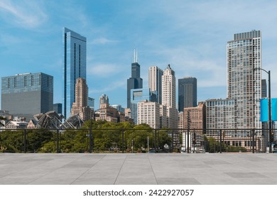 Skyscrapers Cityscape Downtown, Chicago Skyline Buildings. Beautiful Real Estate. Day time. Empty rooftop View. Success concept. - Powered by Shutterstock