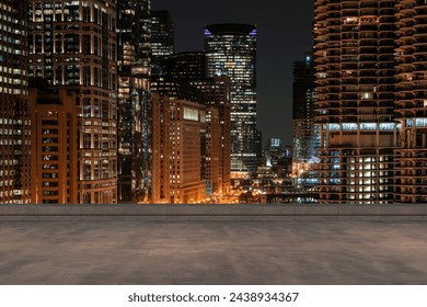 Skyscrapers Cityscape Downtown, Chicago Skyline Buildings. Beautiful Real Estate. Night time. Empty rooftop View. Success concept. - Powered by Shutterstock