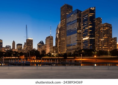 Skyscrapers Cityscape Downtown, Chicago Skyline Buildings. Beautiful Real Estate. Night time. Empty rooftop View. Success concept. - Powered by Shutterstock