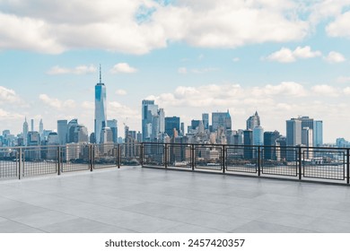 Skyscrapers Cityscape Downtown, New York Skyline Buildings. Beautiful Real Estate. Day time. Empty rooftop View. Success concept.