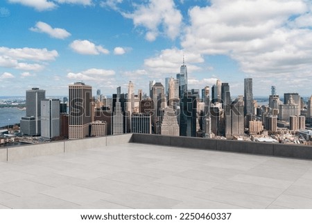 Skyscrapers Cityscape Downtown, New York Skyline Buildings. Beautiful Real Estate. Day time. Empty rooftop View. Success concept.