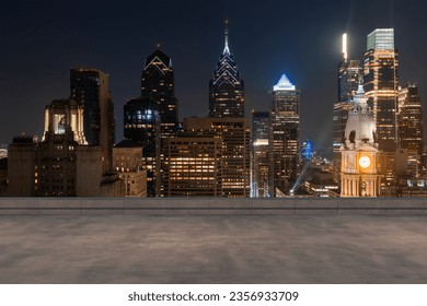 Skyscrapers Cityscape Downtown, Philladelphia Skyline Buildings. Beautiful Real Estate. Night time. Empty rooftop View. Success concept. - Powered by Shutterstock