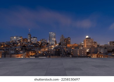 Skyscrapers Cityscape Downtown, San Francisco Skyline Buildings. Beautiful Real Estate. Night time. Empty rooftop View. Success concept. - Powered by Shutterstock