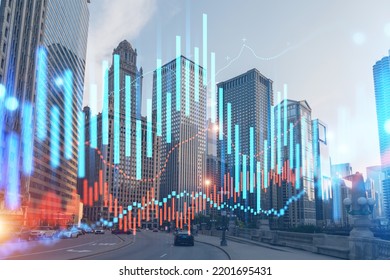 Skyscrapers Cityscape Downtown View, Chicago Skyline Buildings. Beautiful Real Estate. Day Time. Forex Financial Graph And Chart Hologram. Business Education Concept.