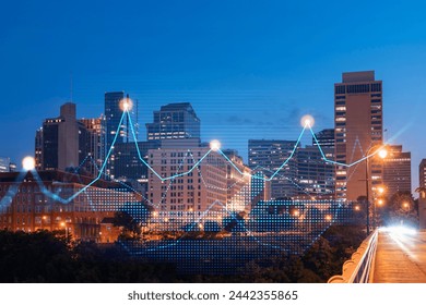 Skyscrapers Cityscape Downtown View, Nashville Skyline Buildings. Beautiful Real Estate. Night time. Forex Financial graph and chart hologram. Business education concept.