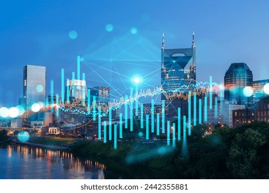 Skyscrapers Cityscape Downtown View, Nashville Skyline Buildings. Beautiful Real Estate. Night time. Forex Financial graph and chart hologram. Business education concept. - Powered by Shutterstock