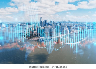 Skyscrapers Cityscape Downtown View, New York Skyline Buildings. Beautiful Real Estate. Day time. Forex Financial graph and chart hologram. Business education concept.