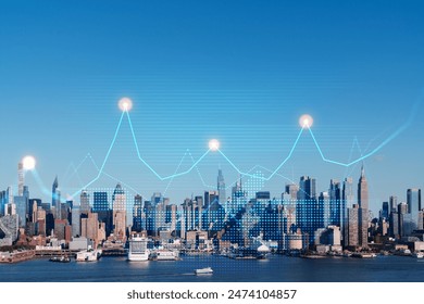 Skyscrapers Cityscape Downtown View, New York Skyline Buildings. Beautiful Real Estate. Day time. Forex Financial graph and chart hologram. Business education concept.