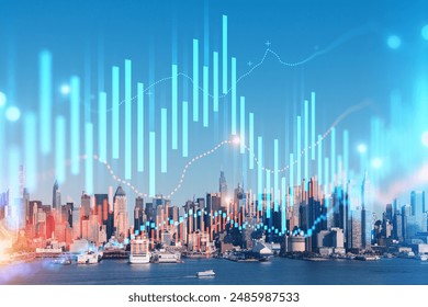 Skyscrapers Cityscape Downtown View, New York Skyline Buildings. Beautiful Real Estate. Day time. Forex Financial graph and chart hologram. Business education concept. - Powered by Shutterstock