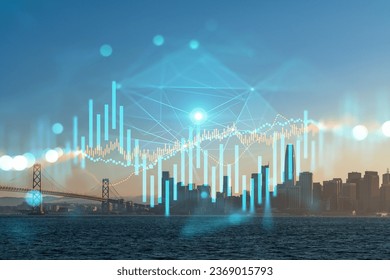 Skyscrapers Cityscape Downtown View, San Frencisco Skyline Buildings. Beautiful Real Estate. Sunset. Forex Financial graph and chart hologram. Business education concept. - Powered by Shutterstock