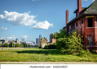 Skyscrapers Of Detroit Downtown Are Seen Behind An Old And Neglected Neighborhood