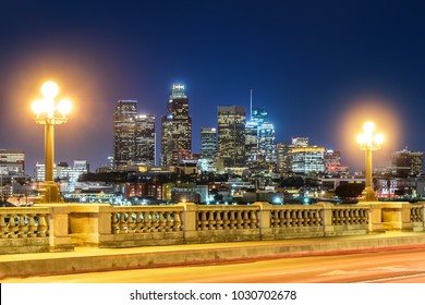 Skyscrapers In Downtown Los Angeles California At Night. View From Bridge