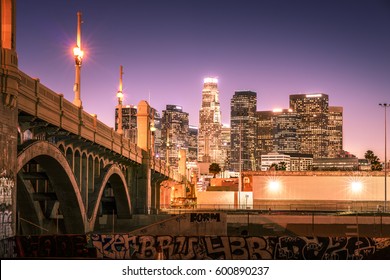 Skyscrapers In Downtown Los Angeles California At Night. View From Under The Bridge