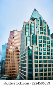 Skyscrapers In Downtown Vancouver. Vancouver City Scene, Burrard Street, Cathedral Place. Canada