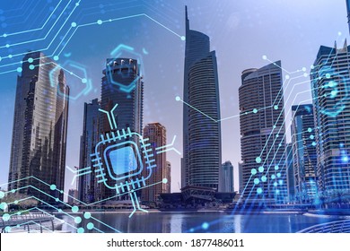 Skyscrapers of Dubai business downtown. International hub of trading and financial services. Technology theme icons hologram, Fintech concept. Double exposure. Dubai Canal waterfront.