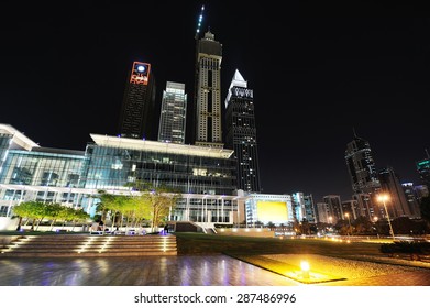 Skyscrapers Of Dubai World Trade Center At Night.