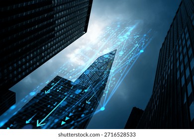 Skyscrapers with glowing binary data streams and arrows, digital style on dark background, concept of online information flow and technology