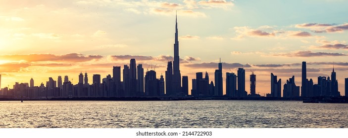 Skyscrapers highrise skyline of Dubai UAE downtown at sunset