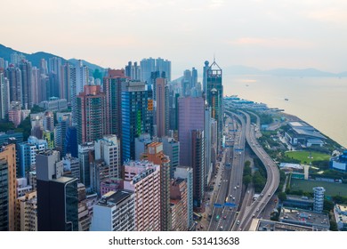 Skyscrapers, highway on coast in business area at morning in Hong Kong, China, view from China Merchants Tower
