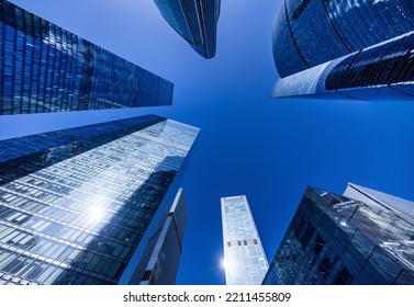 Skyscrapers Low Angle View. Skyscrapers Looking Up Perspective, Sky In The Background, Moscow, Russia.