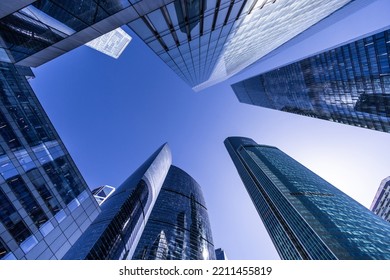 Skyscrapers Low Angle View. Skyscrapers Looking Up Perspective, Sky In The Background, Moscow, Russia.