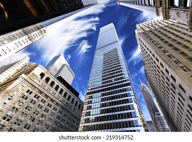 Skyscrapers In Lower Manhattan, Looking Up At Sky, New York City.