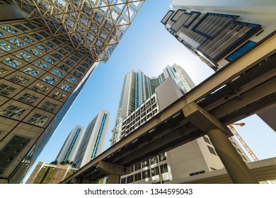 Skyscrapers And Monorail In Downtown Miami Seen From Below. Southern Florida, USA