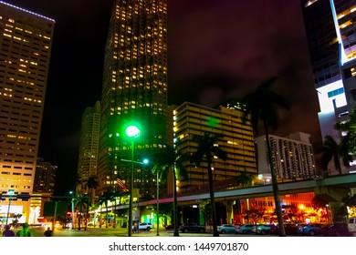 Skyscrapers And Monorail Track In Downtown Miami At Night. Southern Florida, USA