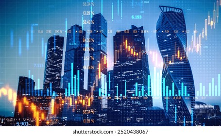 Skyscrapers in Moscow with financial market graphs overlay, on a blue background, symbolizing real estate growth and investment trends