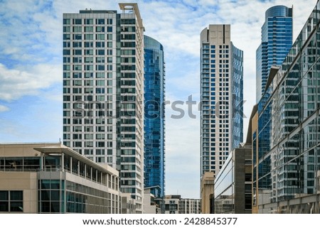 Skyscrapers on a city street in the SOMA neighborhood in San Francisco, California