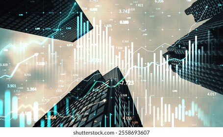 Skyscrapers with overlaid financial charts and graphs on a cityscape background, symbolizing real estate market analysis and investments. 3D Rendering.