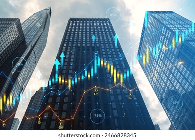 Skyscrapers with superimposed financial charts, symbolizing real estate market trends on a cloudy sky background, concept of market analysis - Powered by Shutterstock