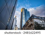 Skyscrapers and tall buildings line the street on a cityscape: Frankfurt