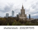 Skyscrapers in Warsaw city center, Poland. View of the Palace of Culture and Science and other high-rise buildings in Śródmieście downtown, central district of Polish capital.