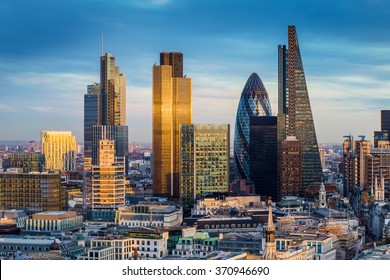 Skyscrapers of the world famous bank district of central London at sunset - England, UK